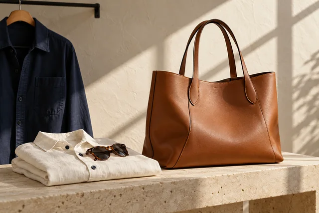 Cognac leather tote, ivory linen shirt, sunglasses, and navy overshirt in natural studio light