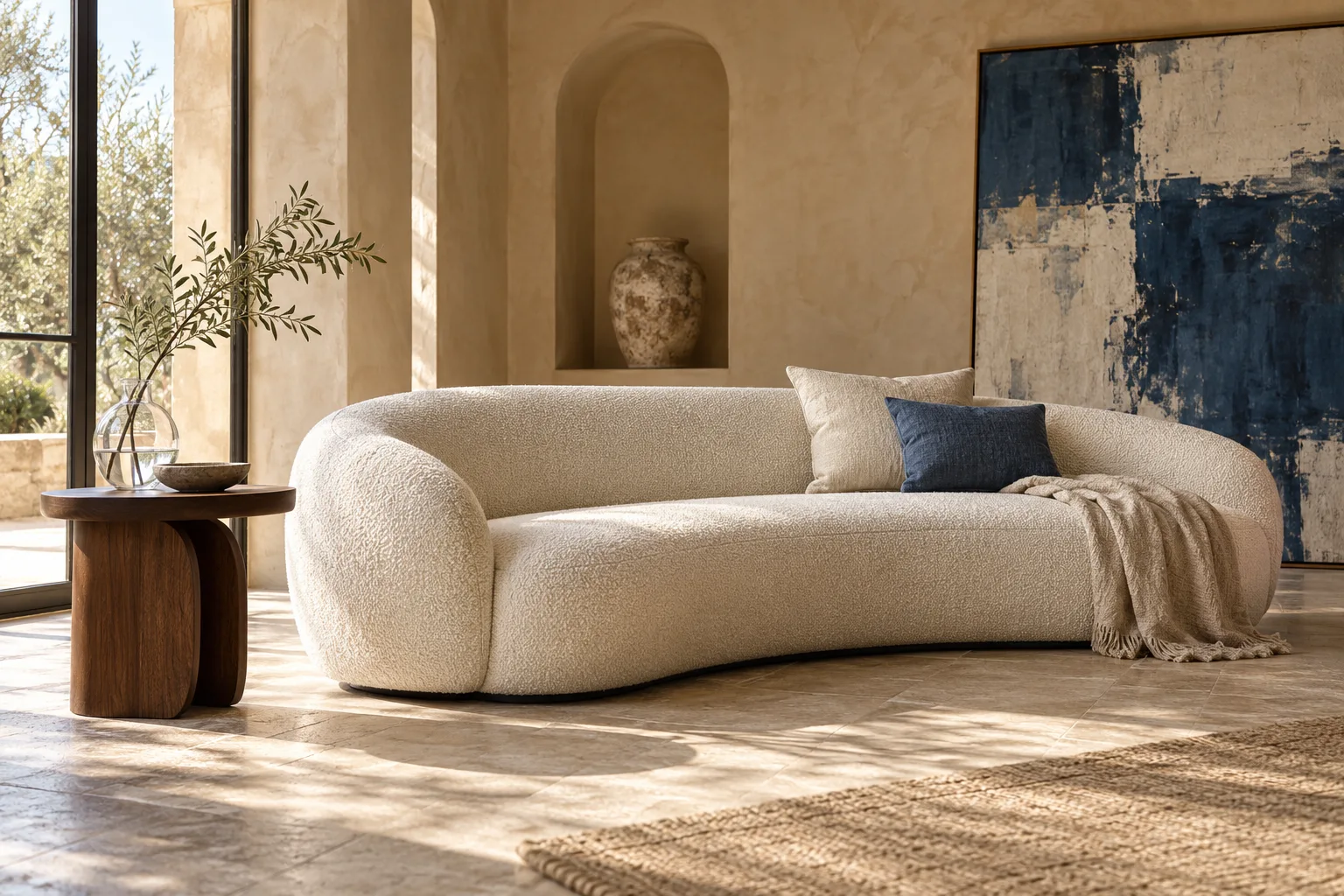 Sculptural cream boucle sofa, walnut side table, and abstract blue art in a sunlit plaster room