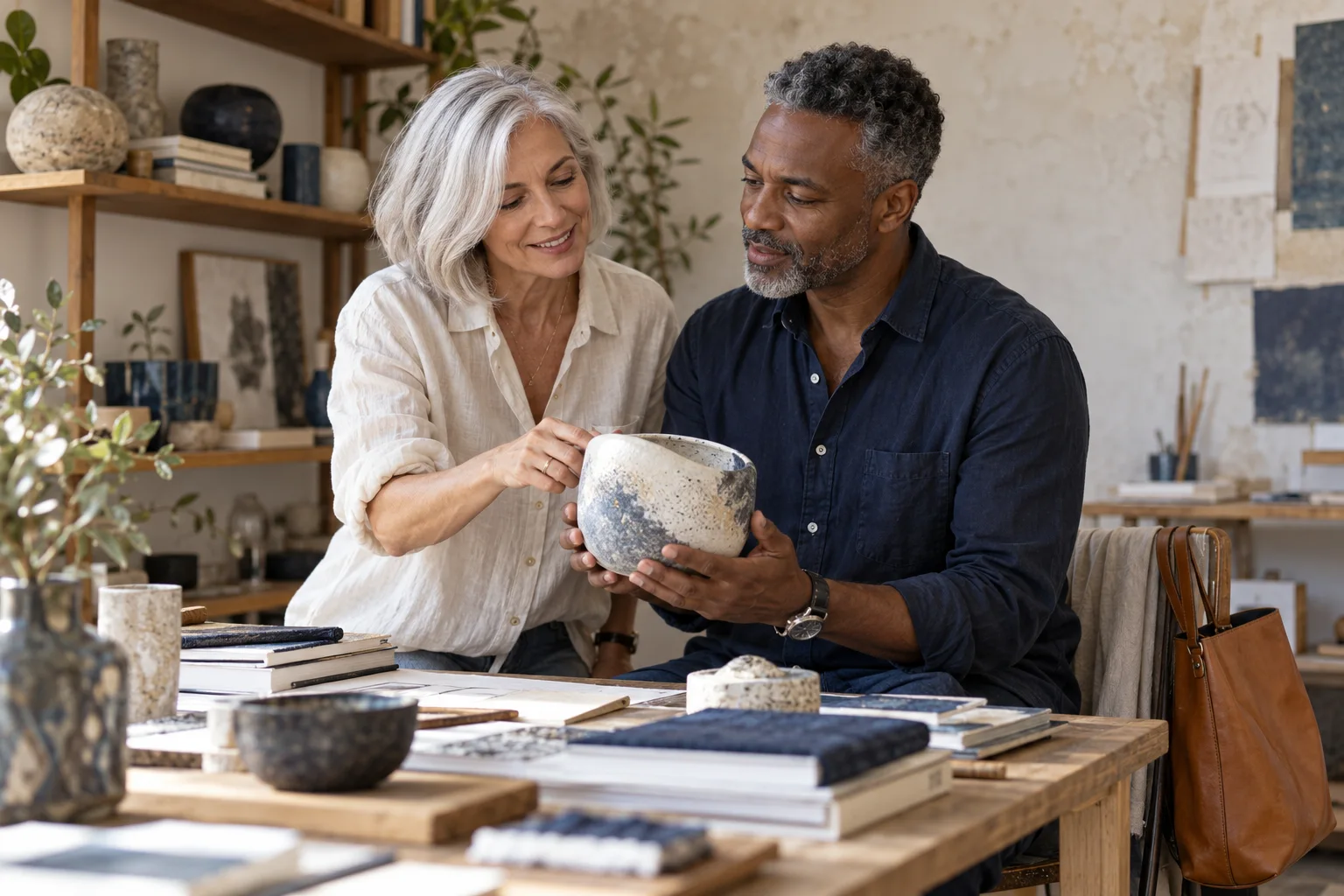 Silver-haired White woman and Black male colleague collaborating in a warmly lit creative studio