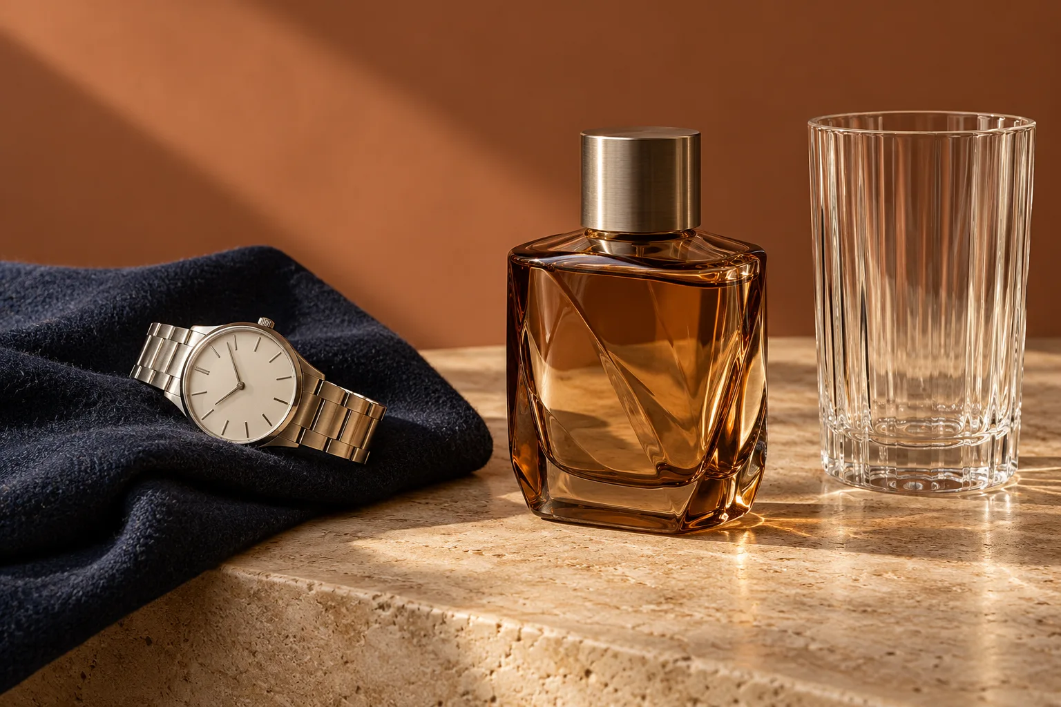 Steel watch on navy wool beside an amber glass bottle and fluted glassware in warm studio light