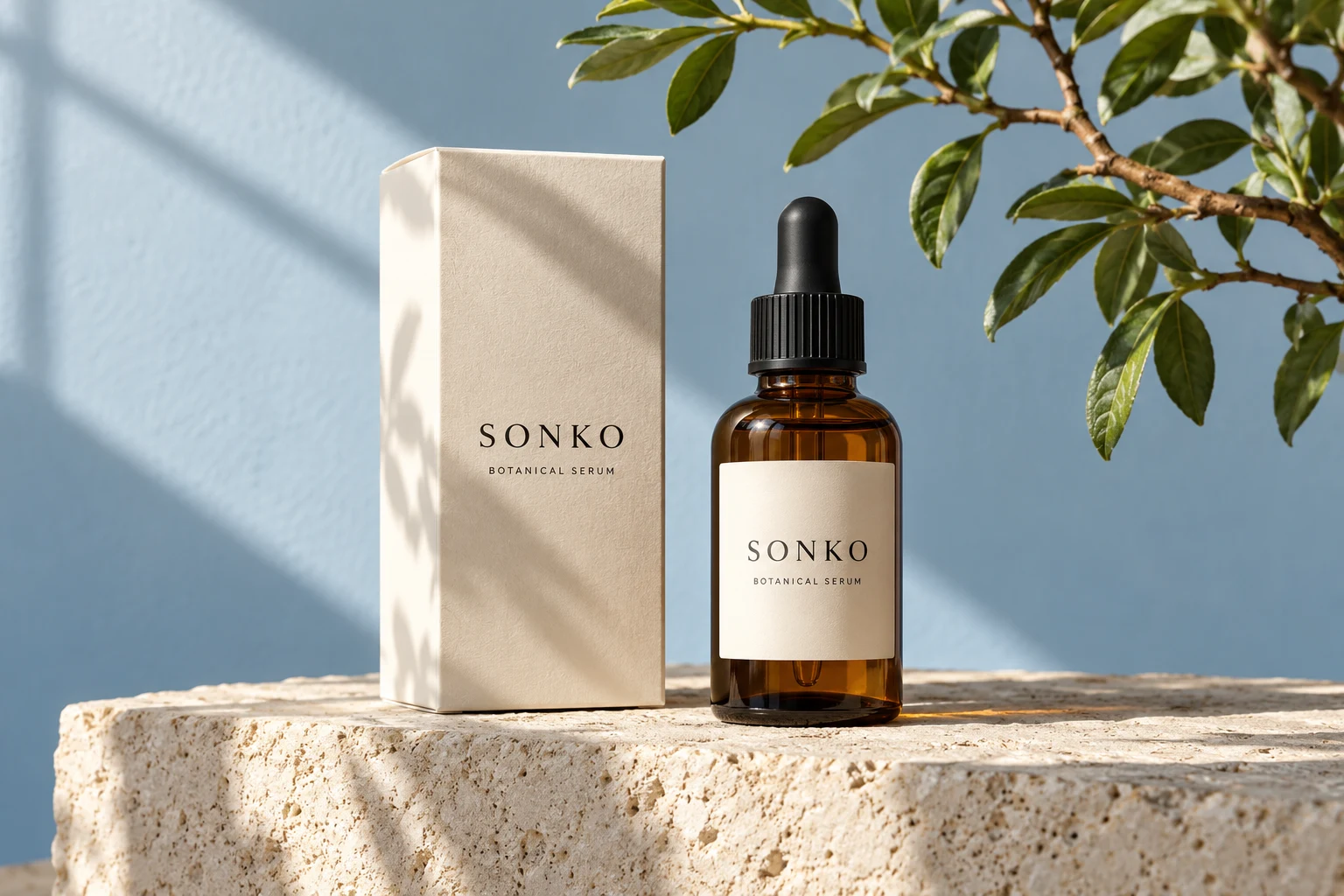 Amber skincare serum with cream packaging in natural light